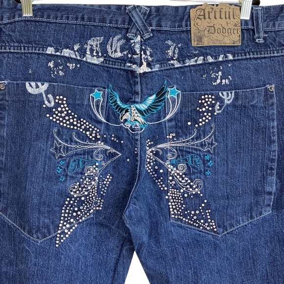 Artful Dodger Vintage Embroidered Rhinestone Wide Leg Relaxed Jeans Worn 40x33 - Picture 2 of 16